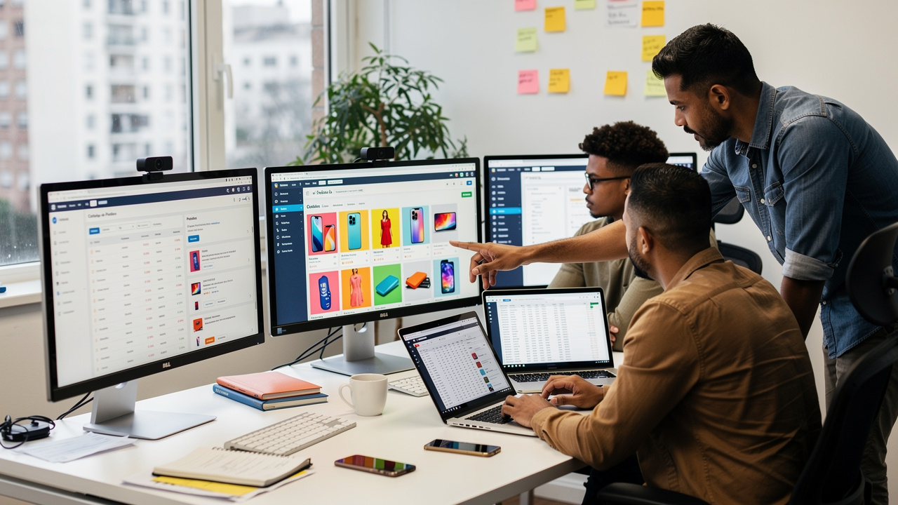 Equipe de e-commerce brasileiro revisando dados de clientes e catálogo de produtos em escritório