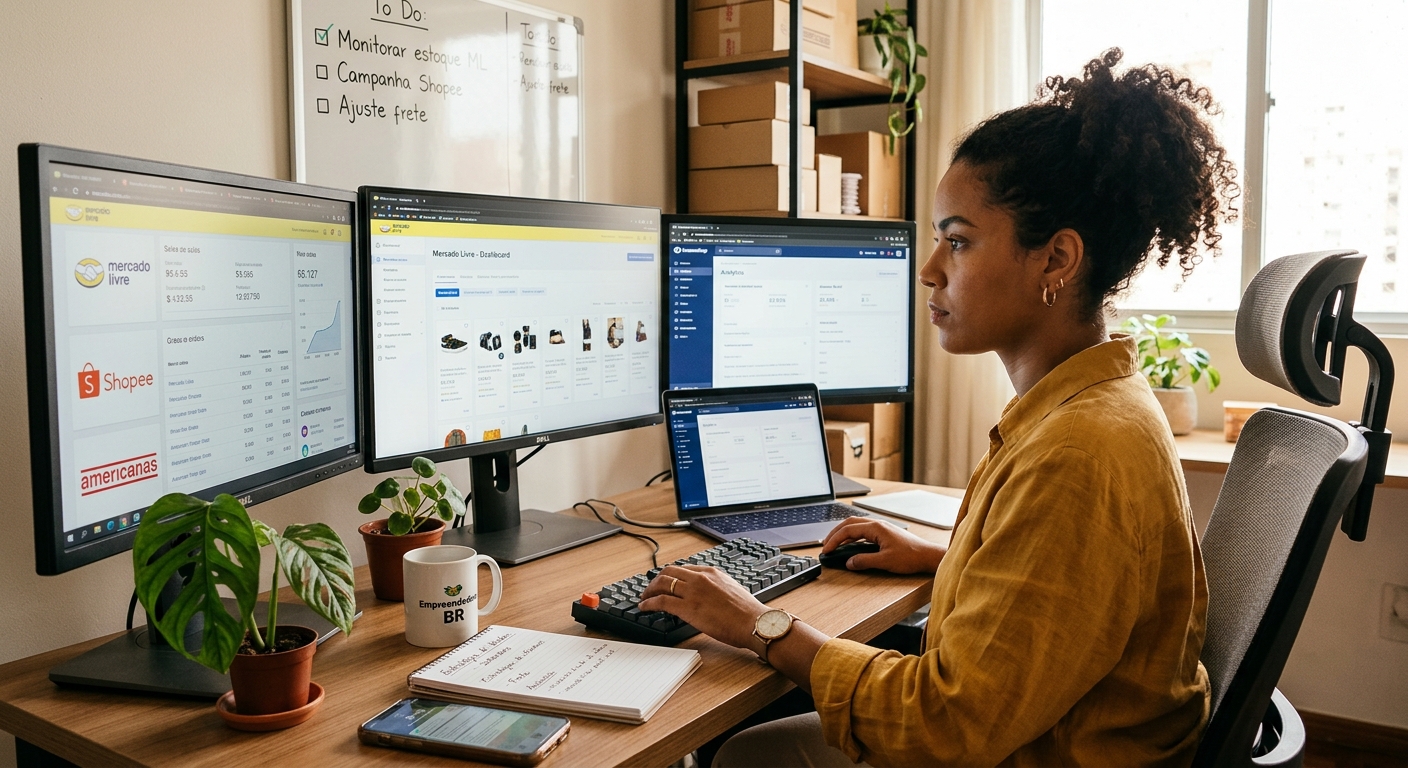 Jovem empreendedor gerenciando múltiplos marketplaces em um único dashboard