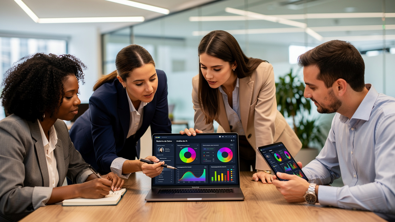 Equipe diversa de profissionais brasileiros analisando relatórios gerados por IA em laptop