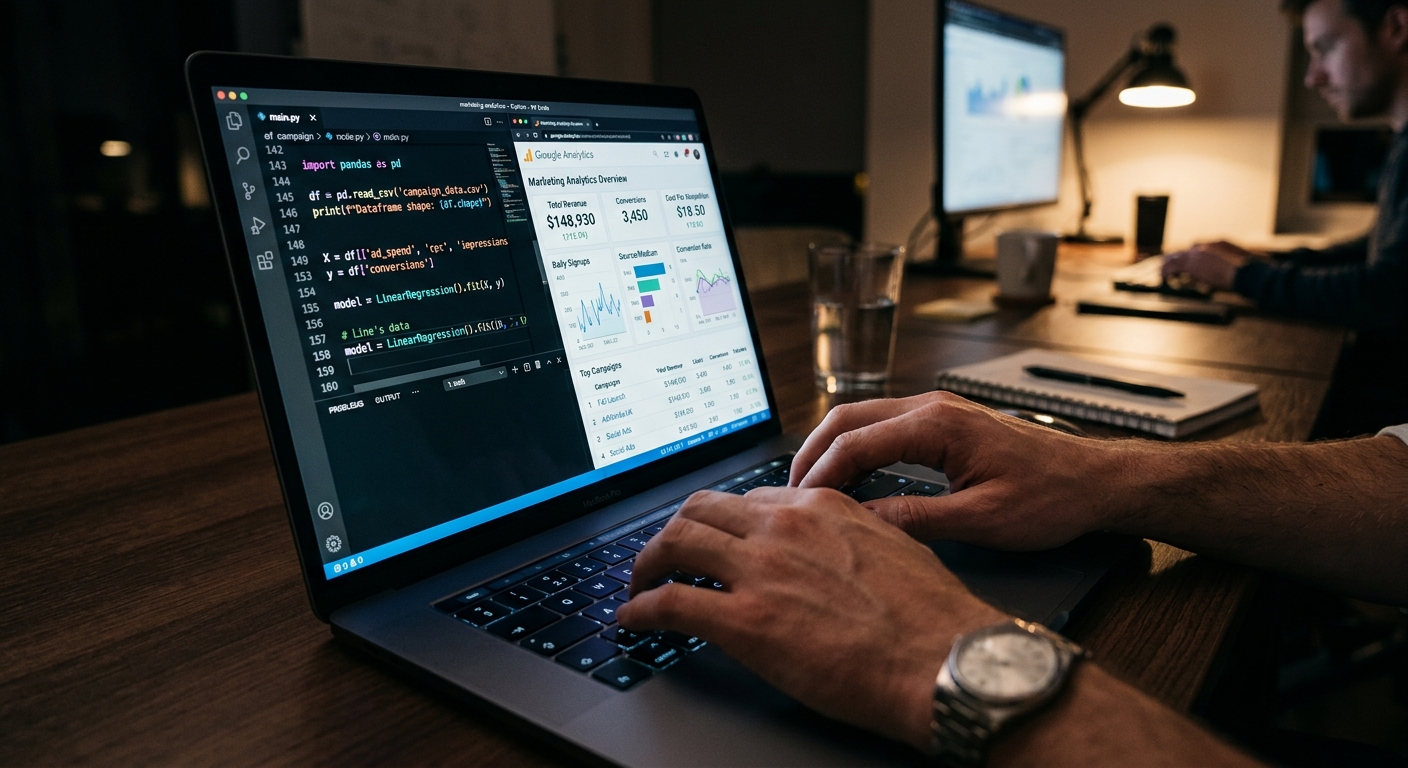 Mãos de uma pessoa digitando em notebook com dados de marketing na tela em ambiente de trabalho moderno