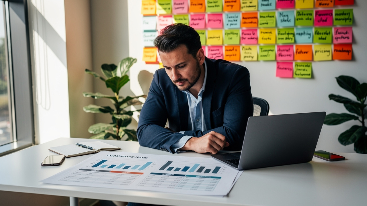 Empreendedor analisando gráfico de forças competitivas em escritório com luz natural