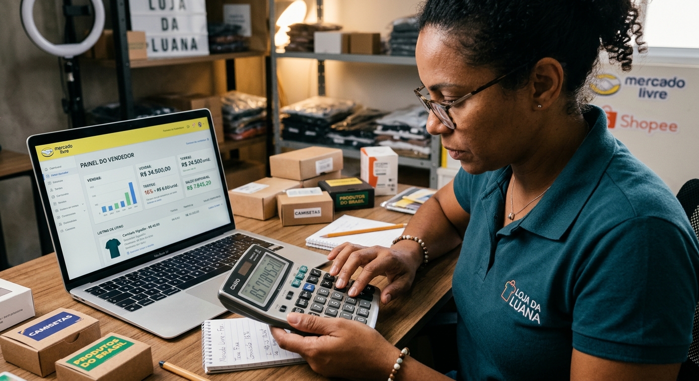Lojista calculando taxas de marketplace com calculadora e painel de vendas aberto no laptop