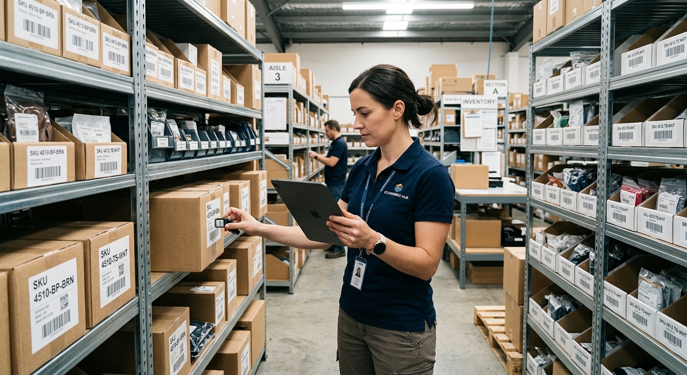 Gestor de e-commerce conferindo o estoque de produtos em um armazém organizado usando um tablet