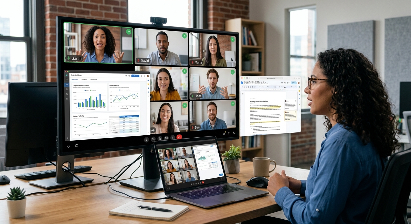 Participantes de uma reunião virtual, mostrando o uso de tecnologia em colaboração digital