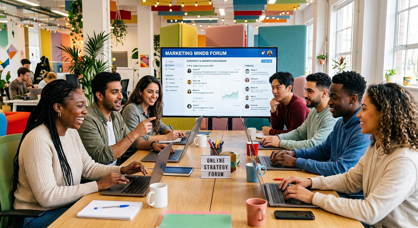 Grupo diversificado de jovens profissionais discutindo estratégias em um fórum online