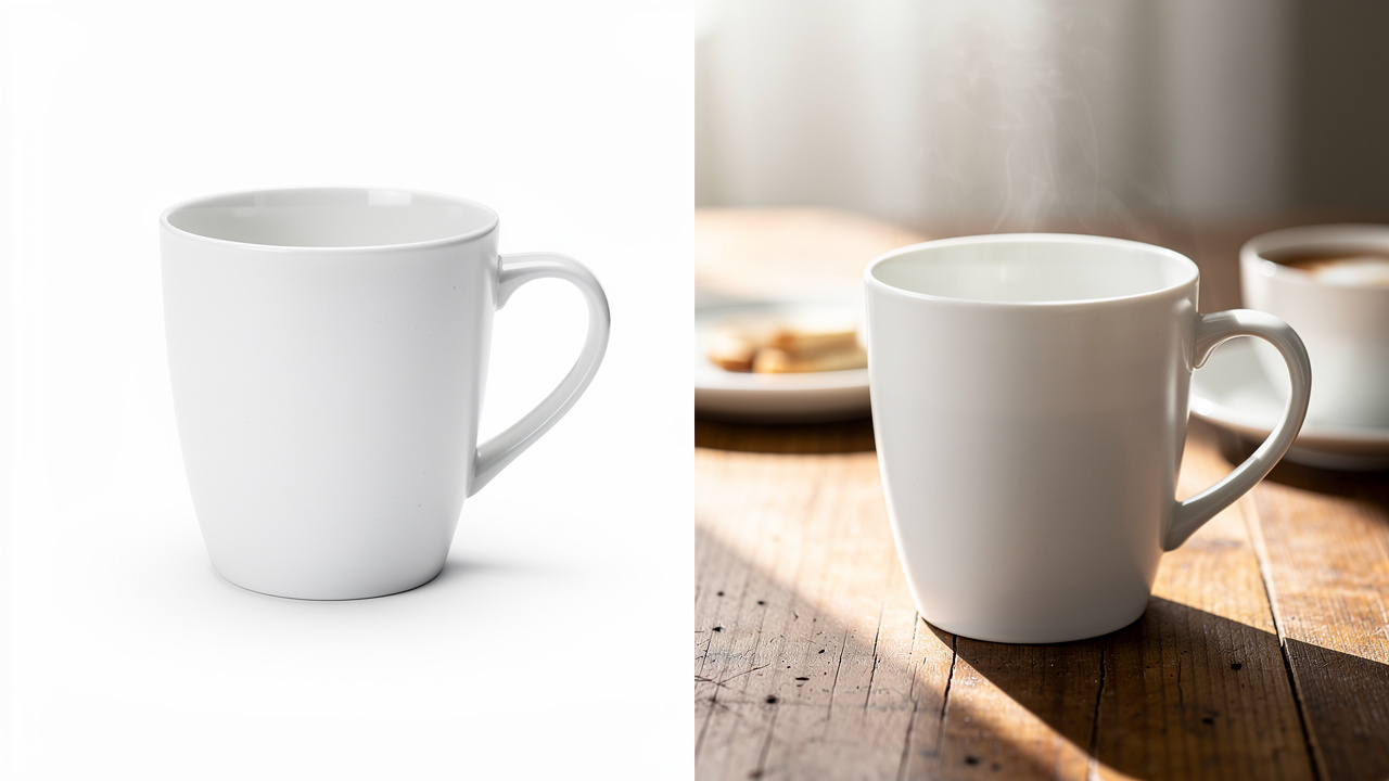 Duas canecas idênticas apresentadas de formas diferentes, uma em fundo simples e outra com cenário cuidado