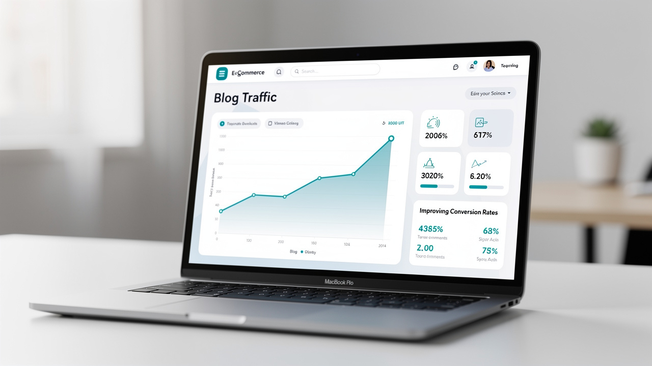 Tela de notebook exibindo um painel com gráficos de tráfego e conversões de um blog de e-commerce.