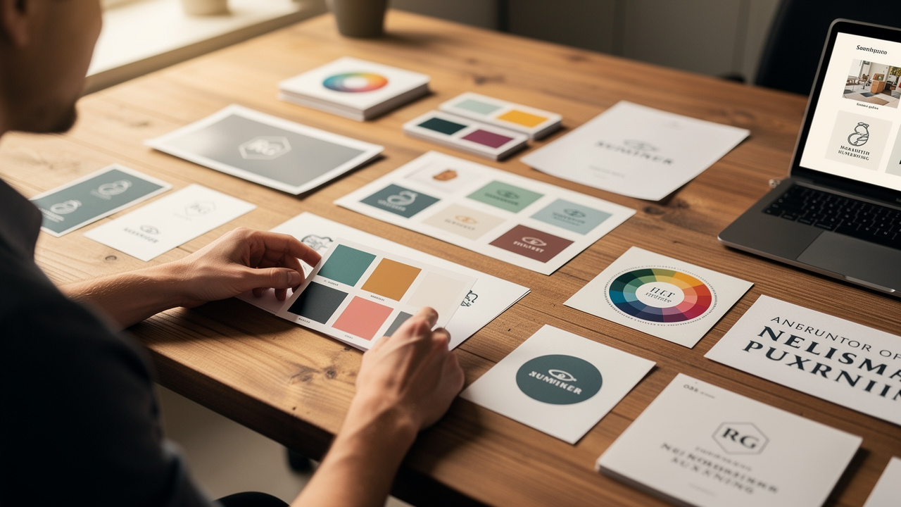 Empreendedora analisando paletas de cores e opções de logotipo sobre mesa de madeira