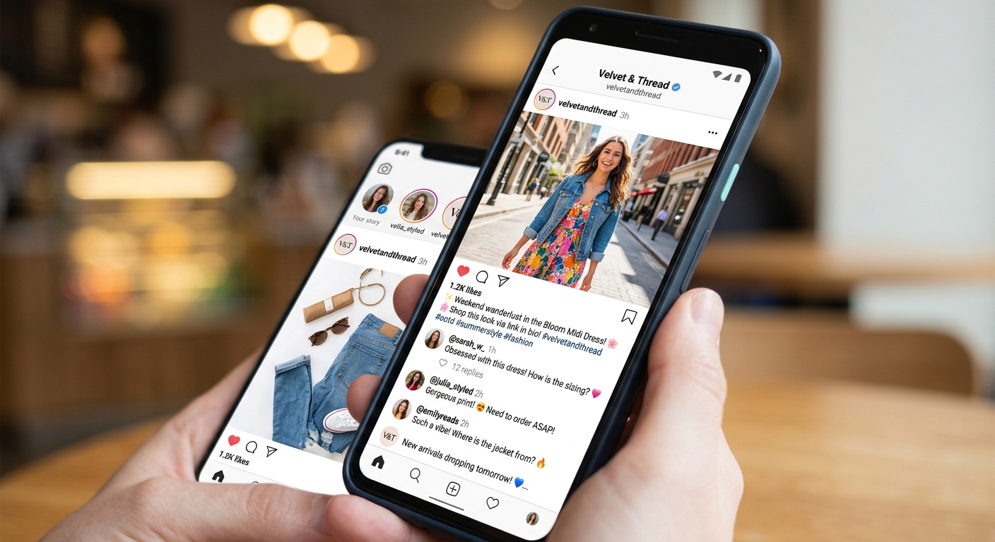 Tela de celular mostrando um feed de rede social de uma marca de varejo, com design atraente e engajamento do público.