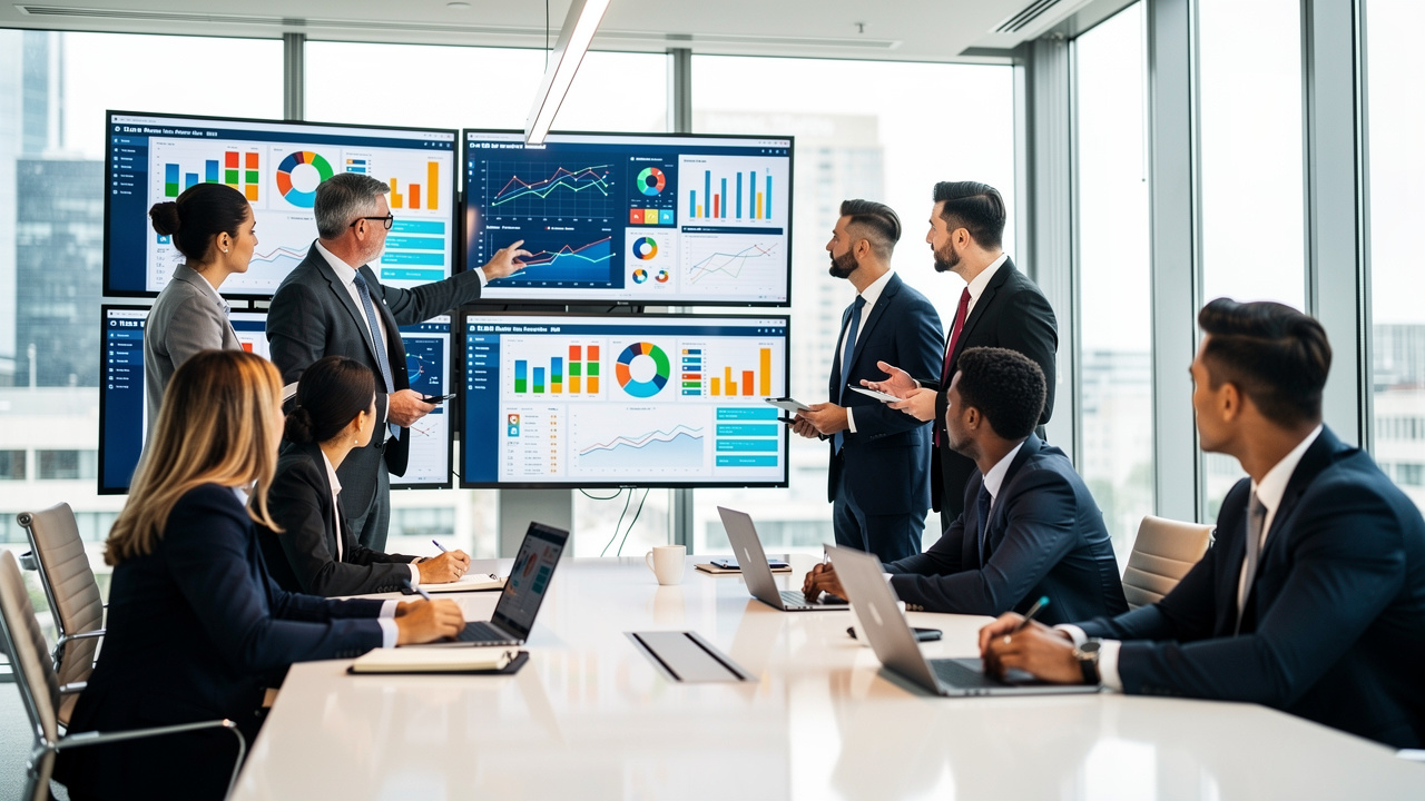 Equipe analisando dados estratégicos em monitores grandes em escritório moderno