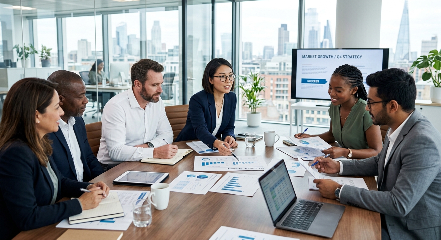 Reunião de negócios bem-sucedida em escritório moderno com equipe discutindo planos