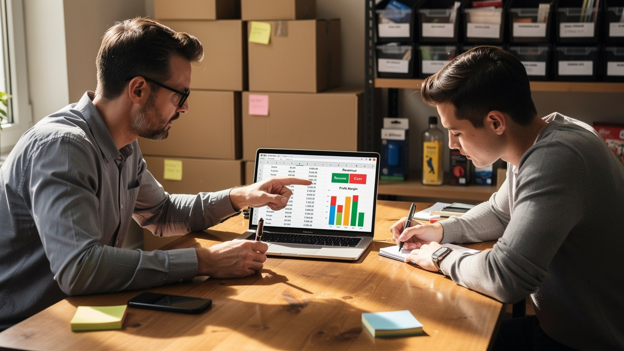 Dois empreendedores comparando margens de lucro de produtos em tela de laptop