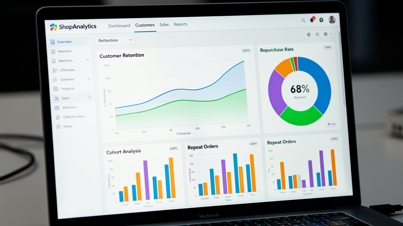 Tela de painel digital com métricas de retenção e taxa de recompra de clientes em e-commerce