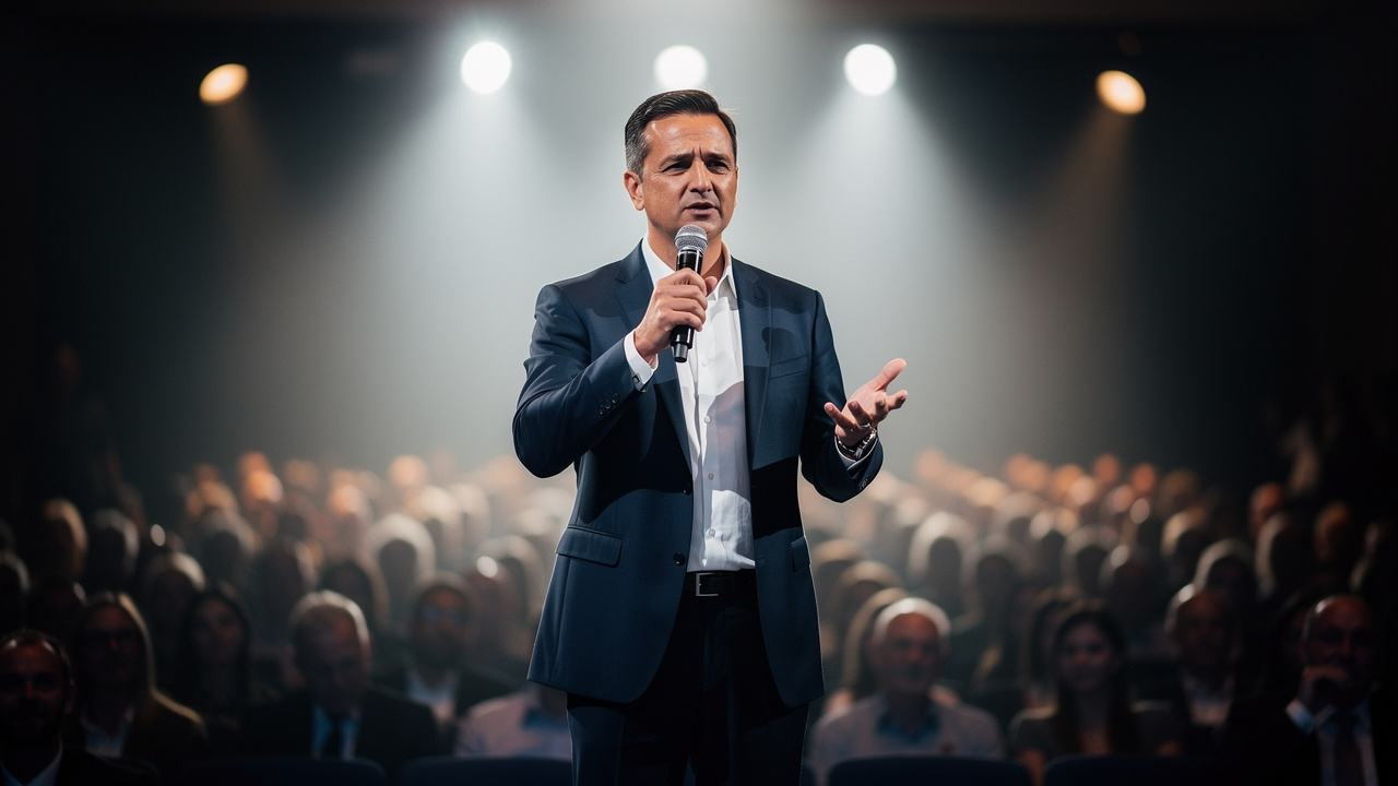 Homem em terno no palco com holofotes e plateia ao fundo em evento de marketing