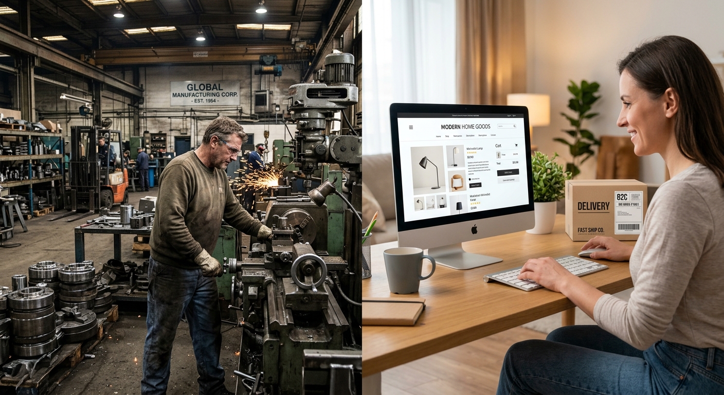Montagem com uma fábrica industrial e um site de e-commerce, simbolizando a transição B2B para B2C.