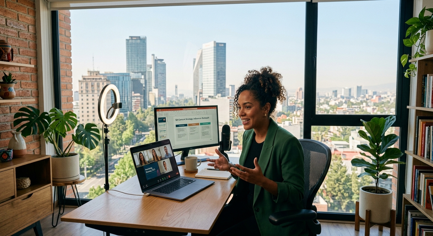 Uma profissional de marketing digital brasileira em videoconferência com clientes de um home office moderno na Cidade do México.