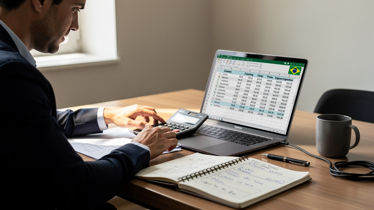 Gestor de e-commerce analisando planilha de custos com calculadora e caderno na mesa