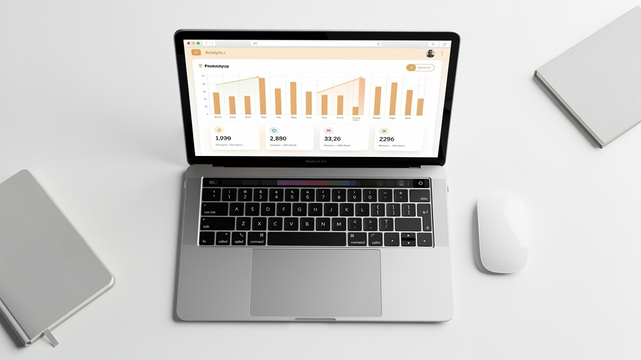 Layout de dashboard organizado em laptop com gráficos de barra e cartões de KPI