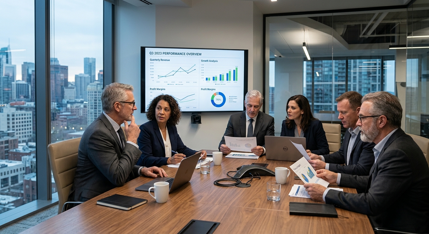 Executivos seniores em sala de reunião analisando gráficos de desempenho financeiro
