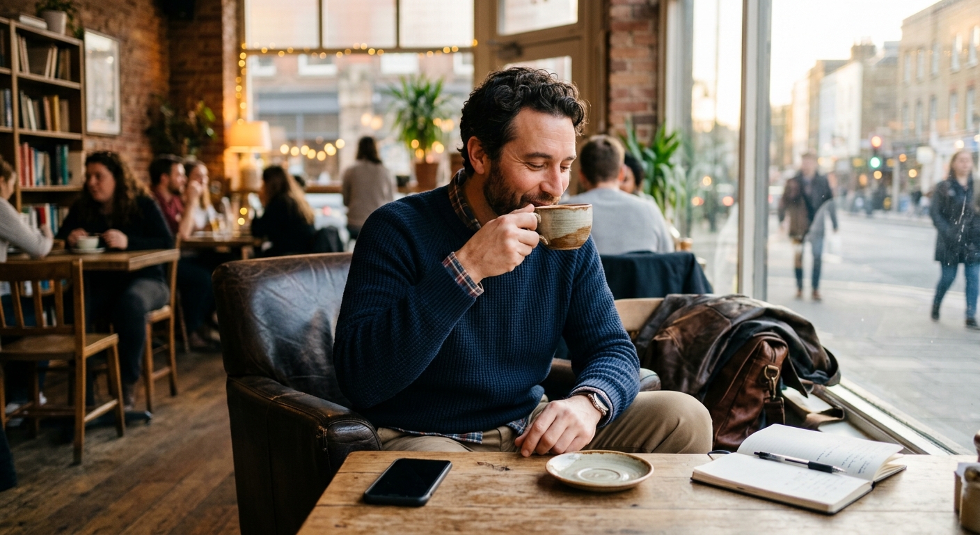 Homem relaxando com café após o trabalho em ambiente bem iluminado e acolhedor.