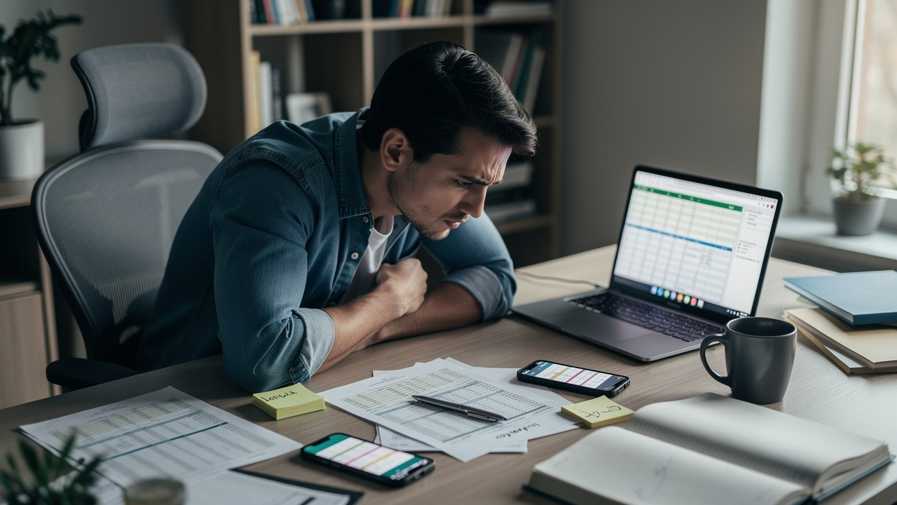 Gestor de e-commerce com aparência estressada olhando para planilhas em um notebook em uma mesa de escritório