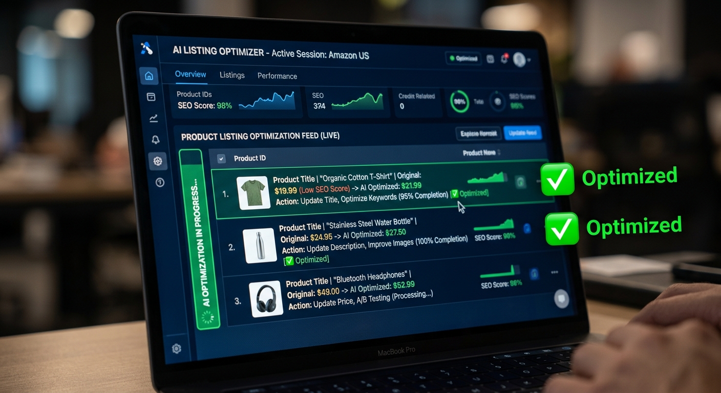Tela de computador mostrando produtos de e-commerce sendo otimizados automaticamente por uma interface de IA.