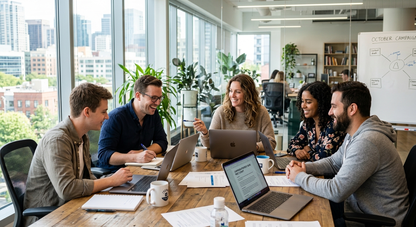 Equipe de marketing revisando rascunhos de conteúdo em laptops em escritório moderno