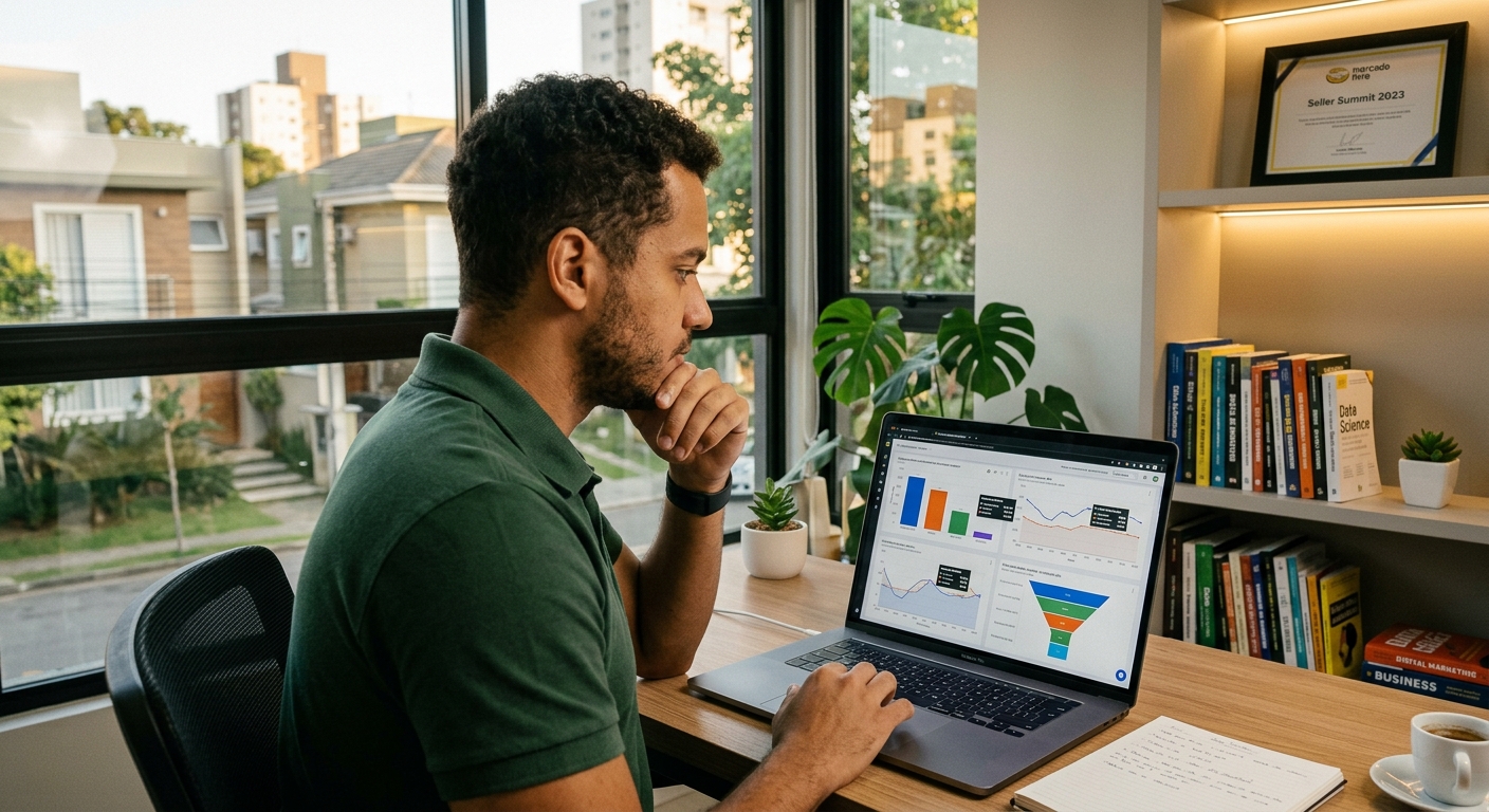 Jovem gestora de e-commerce analisando gráficos de desempenho de campanha de marketing em seu notebook.