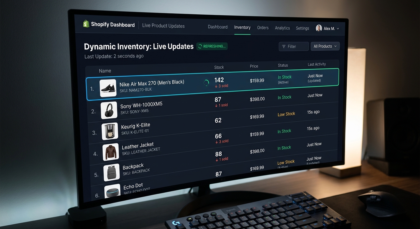 Tela de computador exibindo um painel de e-commerce com cadastros de produtos sendo atualizados automaticamente