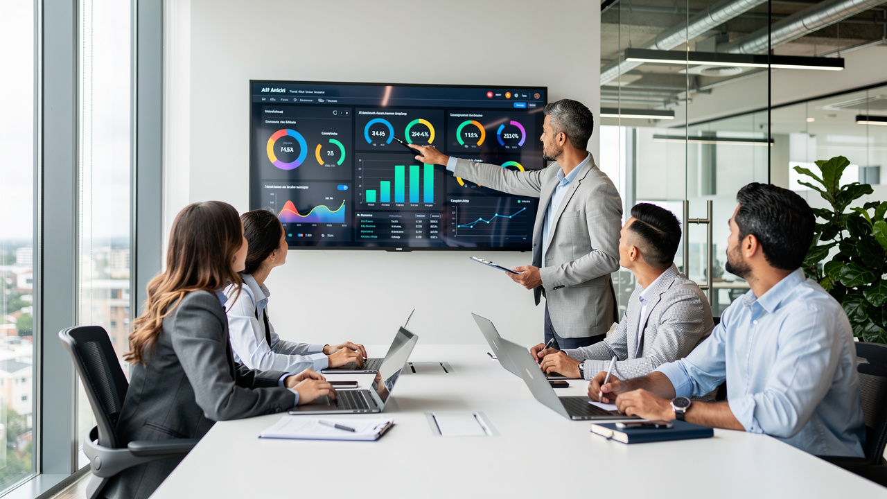 Equipe de negócios brasileira analisando dados de inteligência artificial em monitor grande