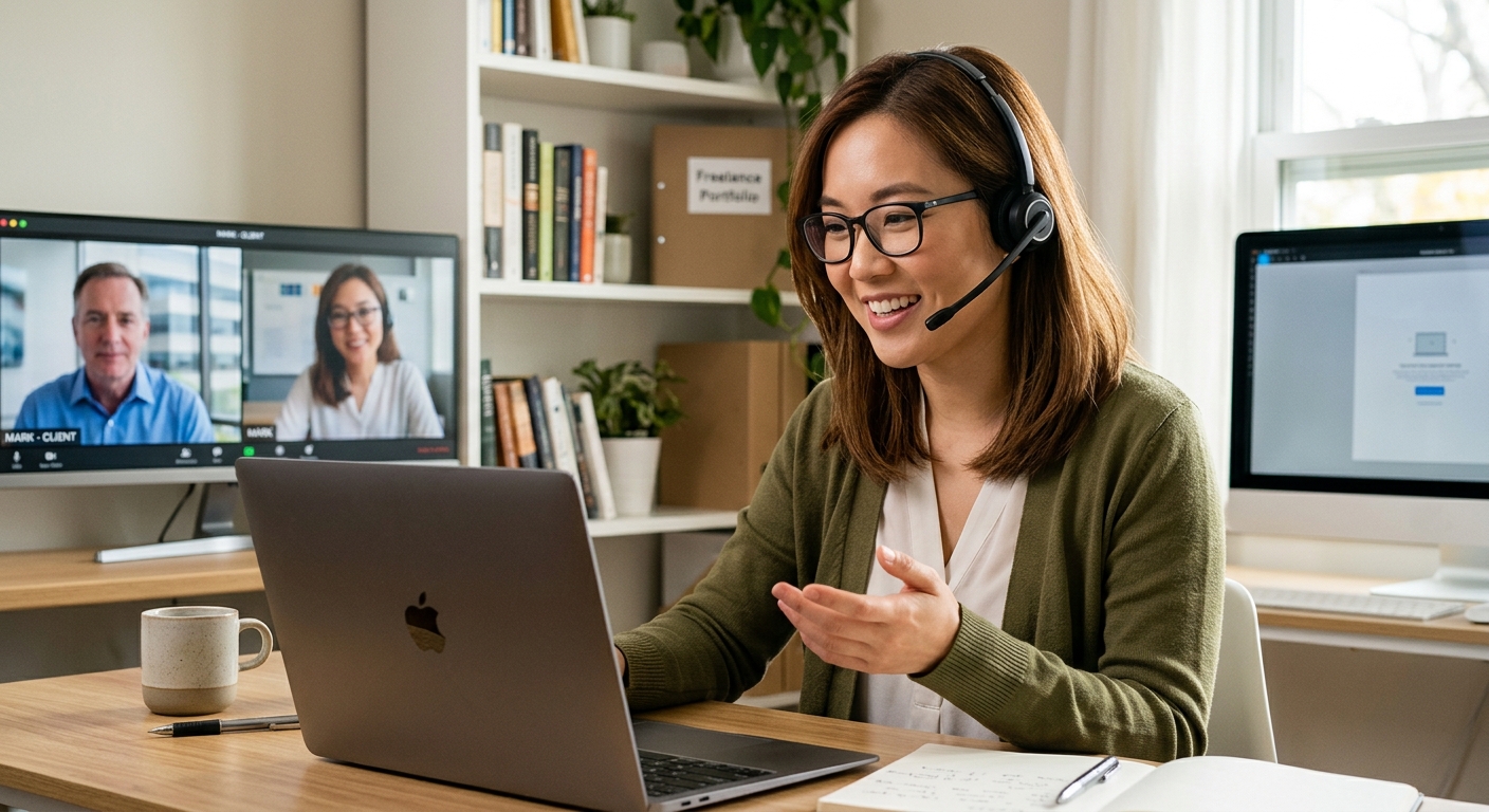 Freelancer em videoconferência com cliente, simbolizando comunicação e engajamento
