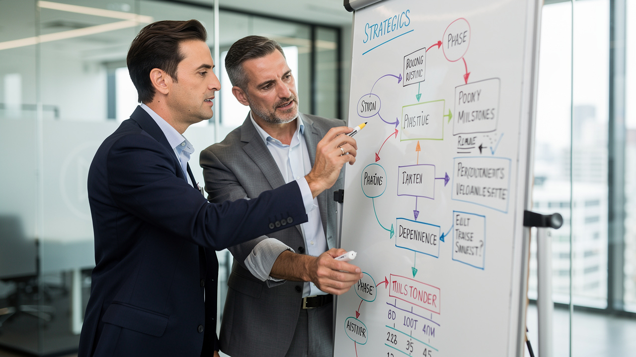 Dois gestores revisando mapa estratégico com interdependências em quadro branco de escritório