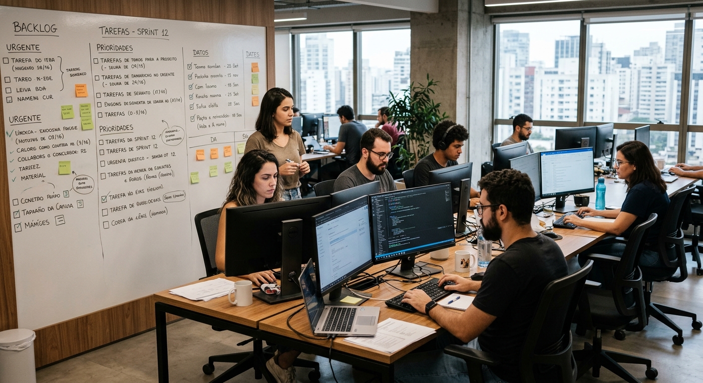Equipe em escritório moderno com tarefas acumuladas no quadro branco ao fundo