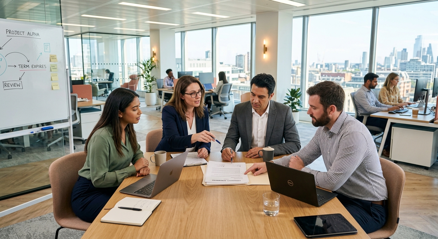 Equipe em escritório moderno discutindo contrato e prioridades de resultados