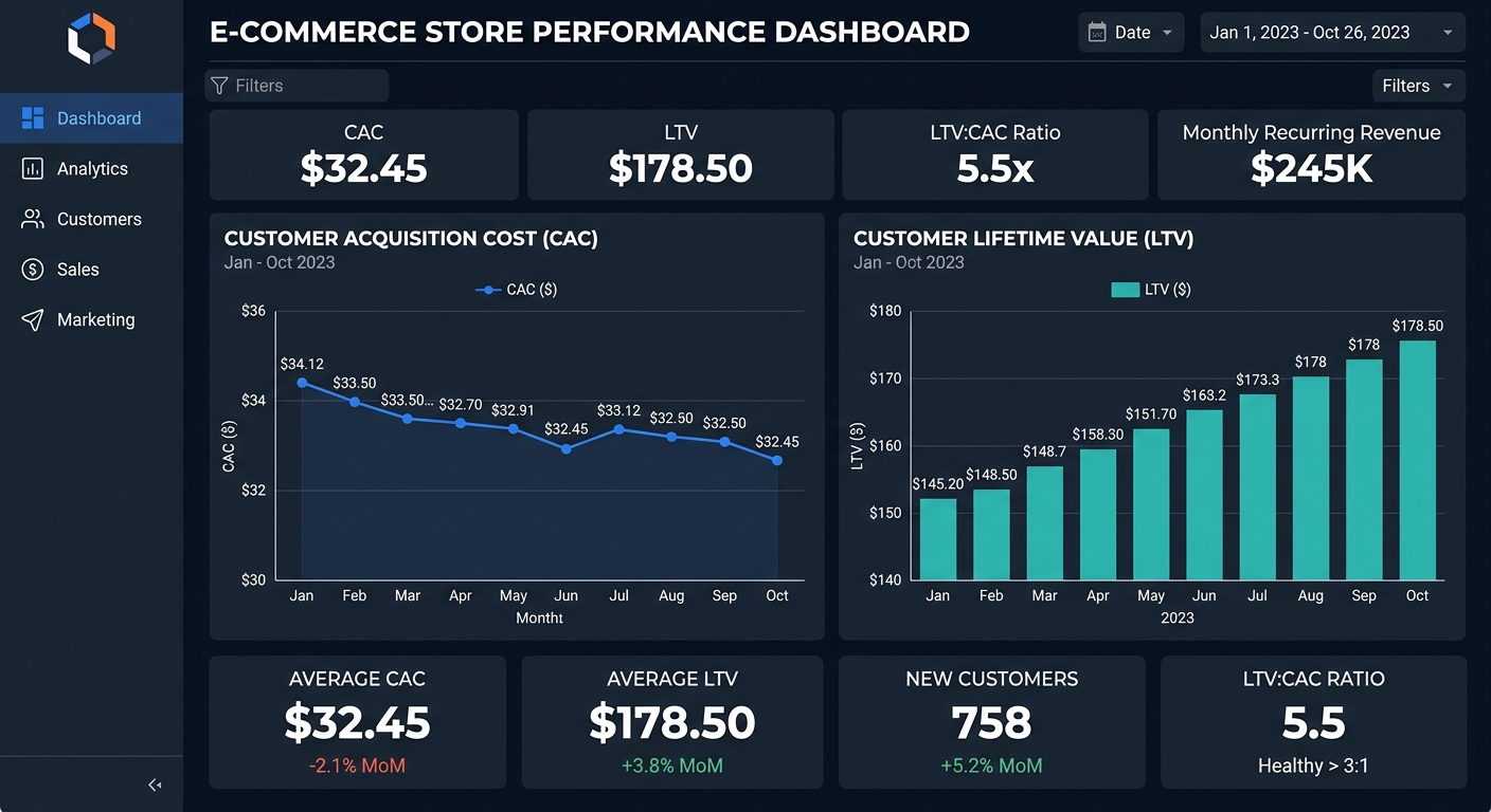 Painel digital exibindo gráficos de Custo de Aquisição de Cliente e Valor Vitalício para uma loja de e-commerce.