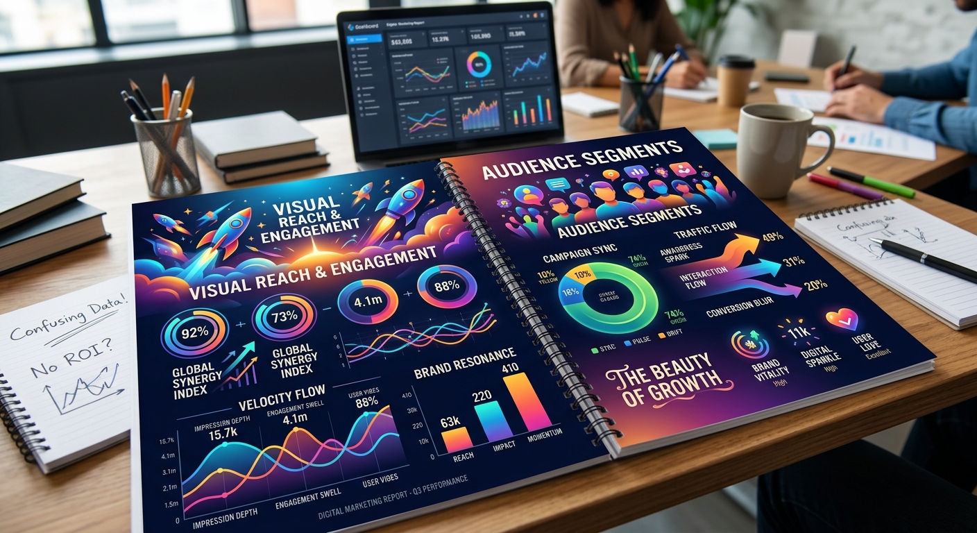 Relatório de marketing digital com gráficos bonitos mas com métricas confusas e sem clareza
