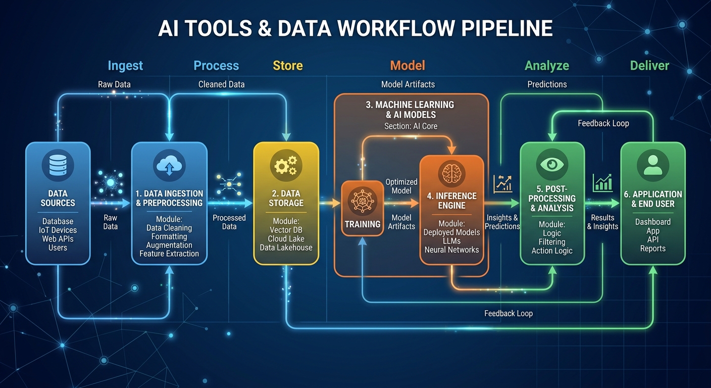 Diagrama de fluxo mostrando ferramentas de IA integradas em pipeline de automação