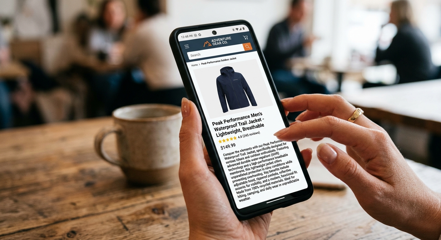 Mão segurando smartphone que exibe um site de e-commerce com descrições de produtos otimizadas para SEO.