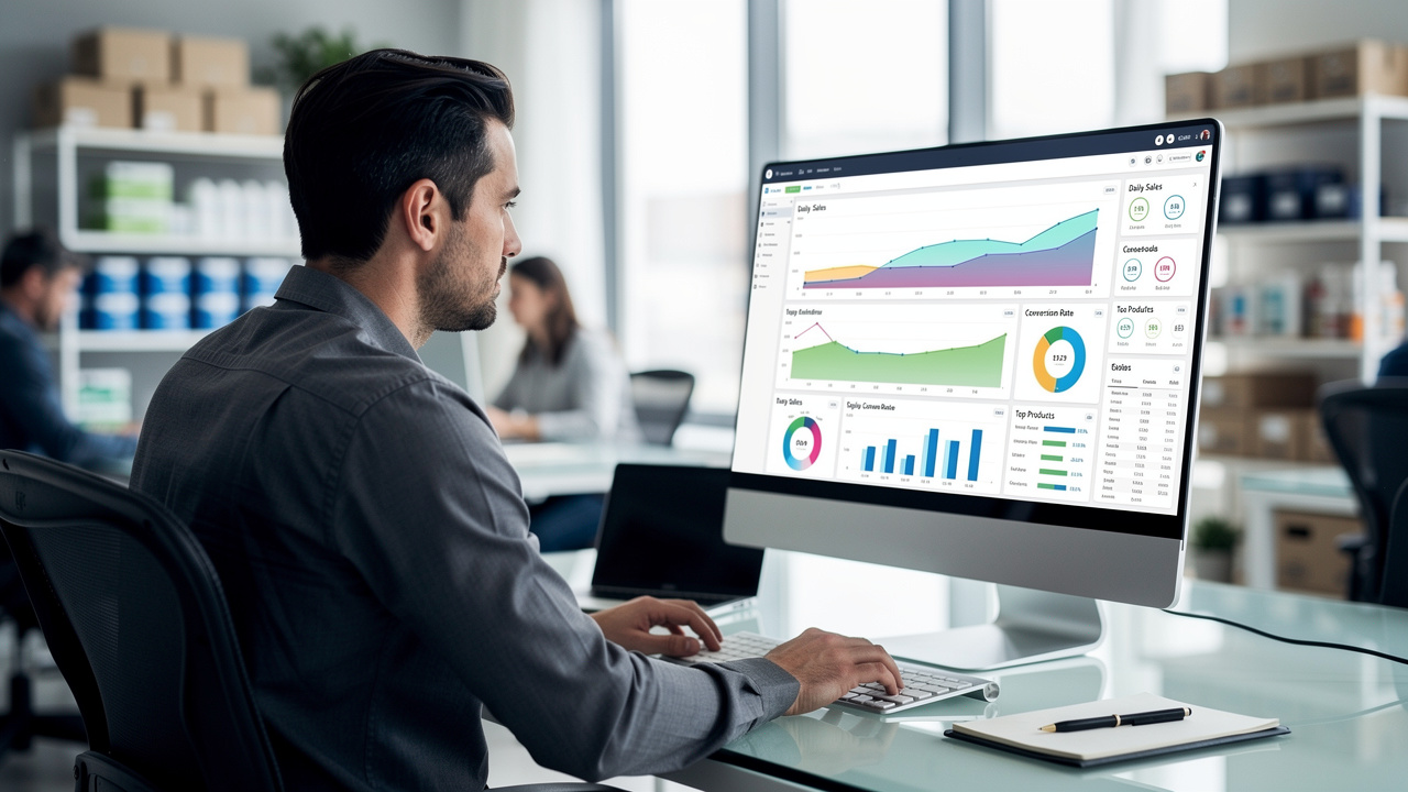 Gestor de e-commerce analisando dados de vendas de produtos em um computador com gráficos.