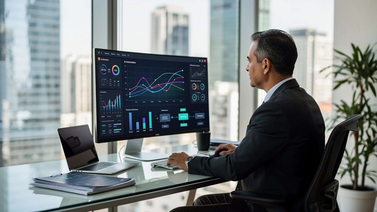 Executivo brasileiro analisando dashboards de automação inteligente em escritório moderno