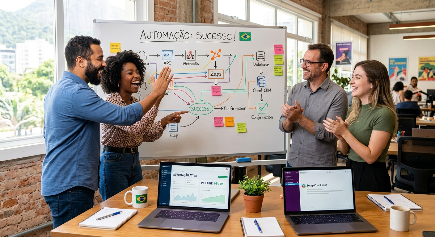 Equipe pequena comemorando configuração de automação com gráficos em quadro branco