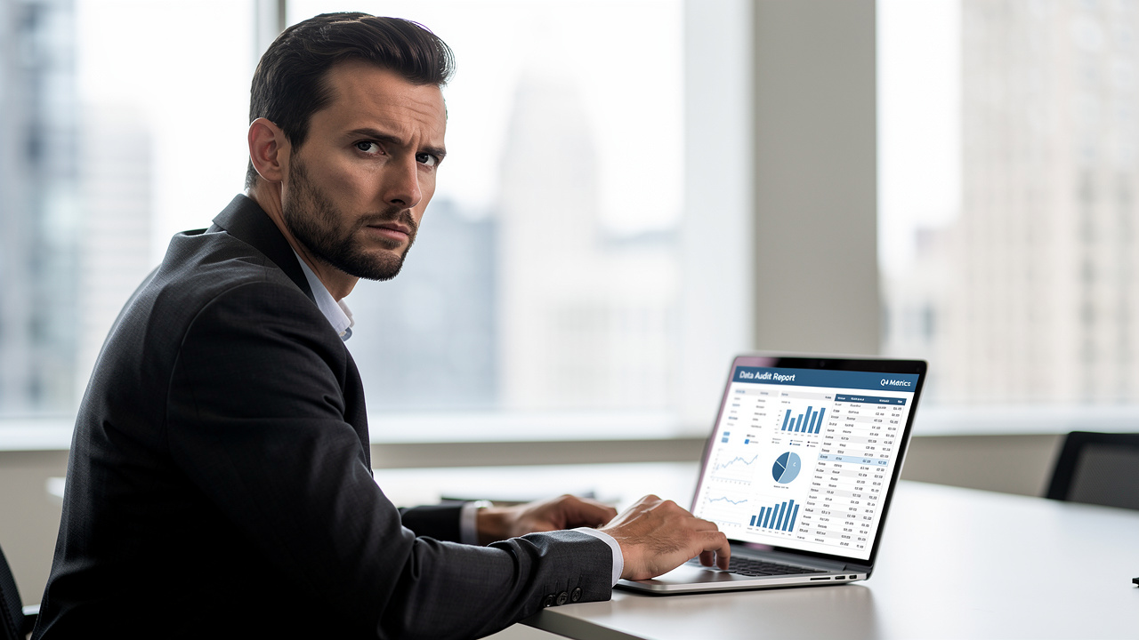 Profissional analisando relatórios de auditoria de dados em notebook no escritório