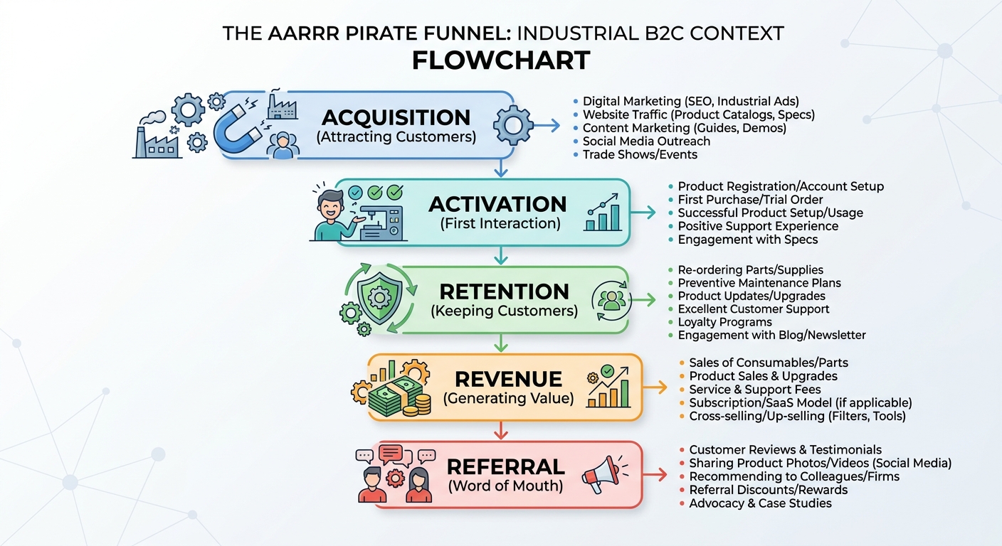 Fluxograma do funil pirata AARRR com ícones representando as etapas da jornada do cliente B2C