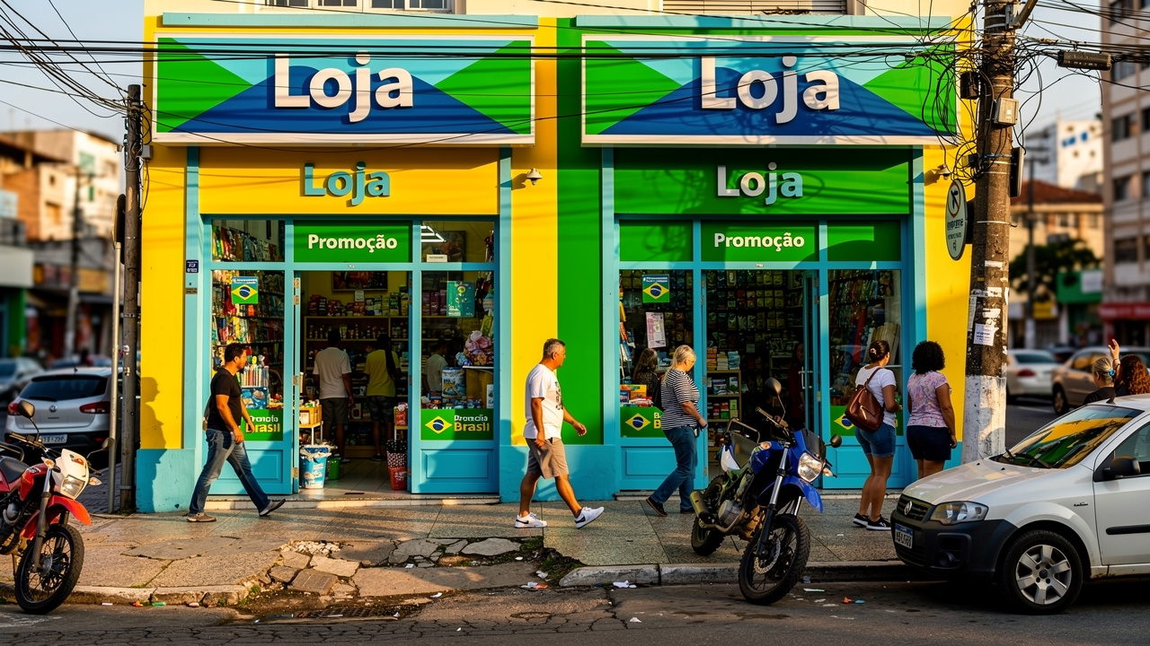 Duas lojas idênticas lado a lado em rua comercial movimentada no Brasil