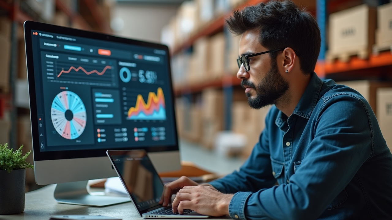 Empreendedor analisando métricas de vendas e gráficos de IA em laptop em armazém