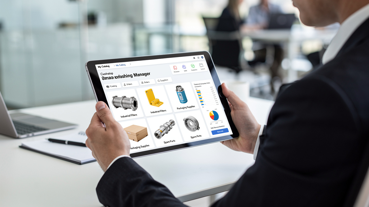 Gestor de compras B2B usando um tablet para analisar um catálogo de produtos personalizado em uma plataforma de e-commerce