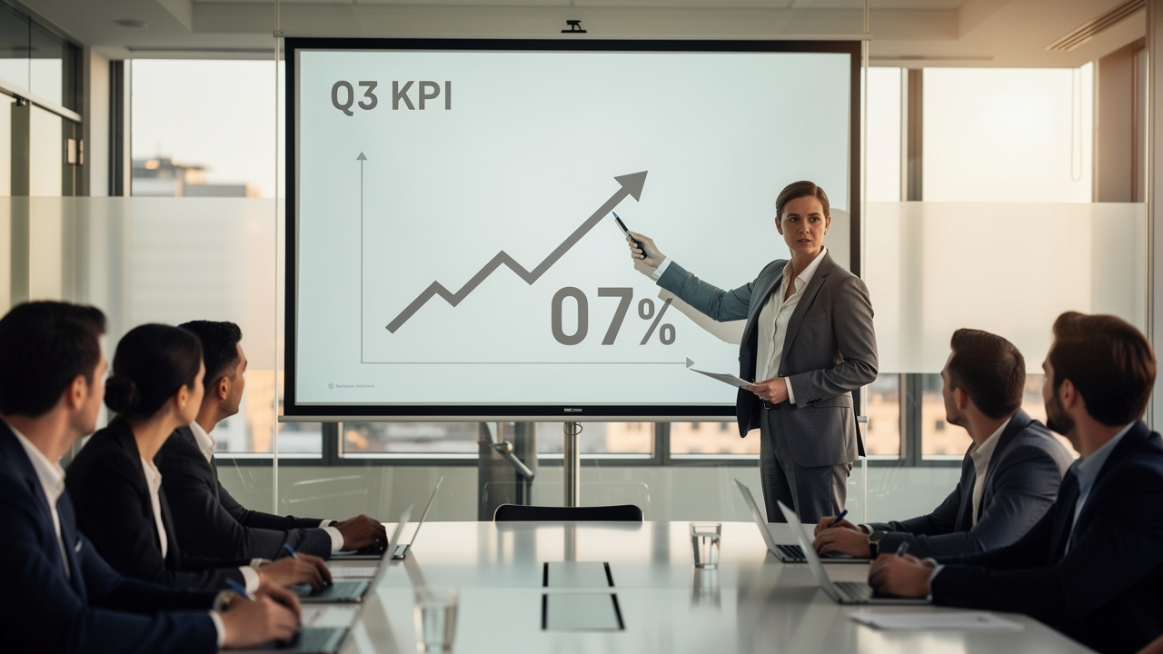 Gestor de marketing apontando para indicador principal em tela minimalista durante reunião
