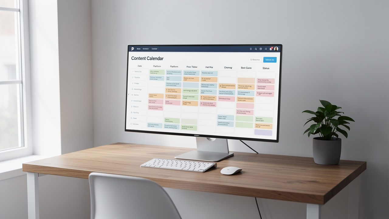Mesa de escritório limpa e organizada com um monitor exibindo um painel de calendário de conteúdo.