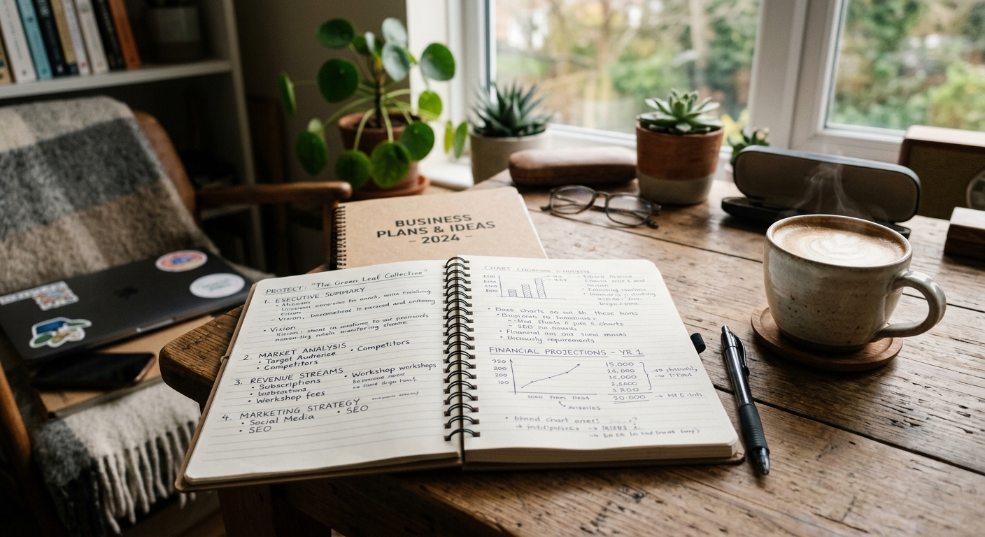 Caderno com planos de negócios escritos e uma xícara de café em um espaço de trabalho aconchegante