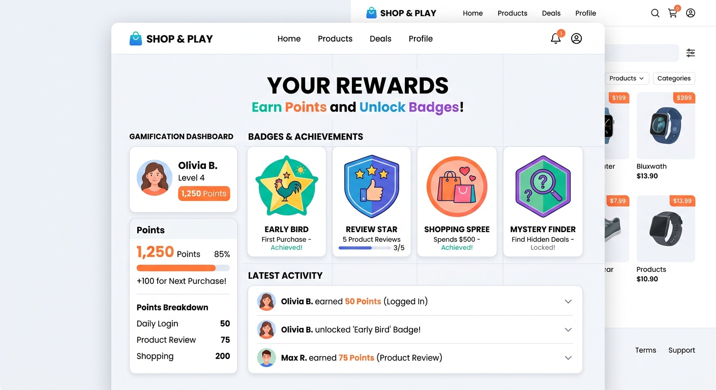 Ilustração de uma interface de e-commerce com elementos de gamificação como medalhas e sistema de pontos.